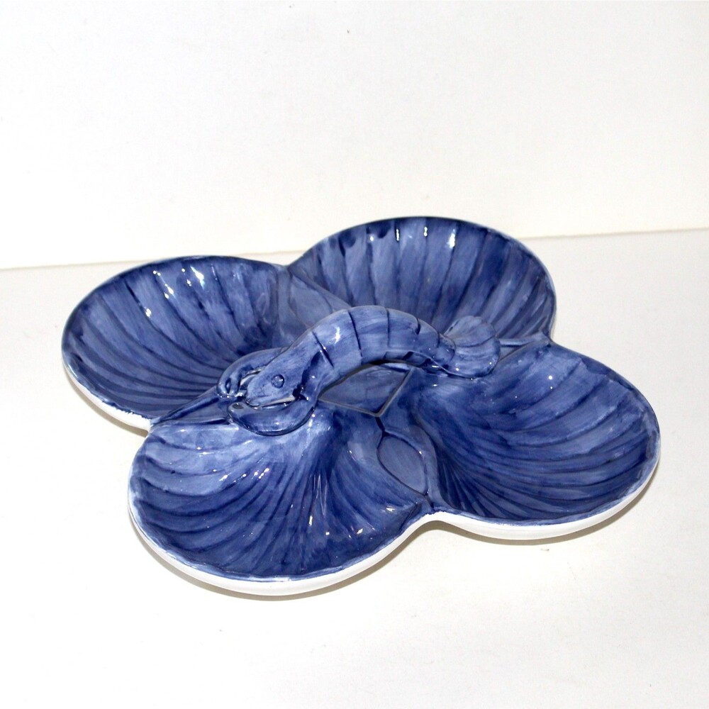 Baum Seashell Blue 4 Part Divided Serving Dish Ceramic Lobster Handle coastal